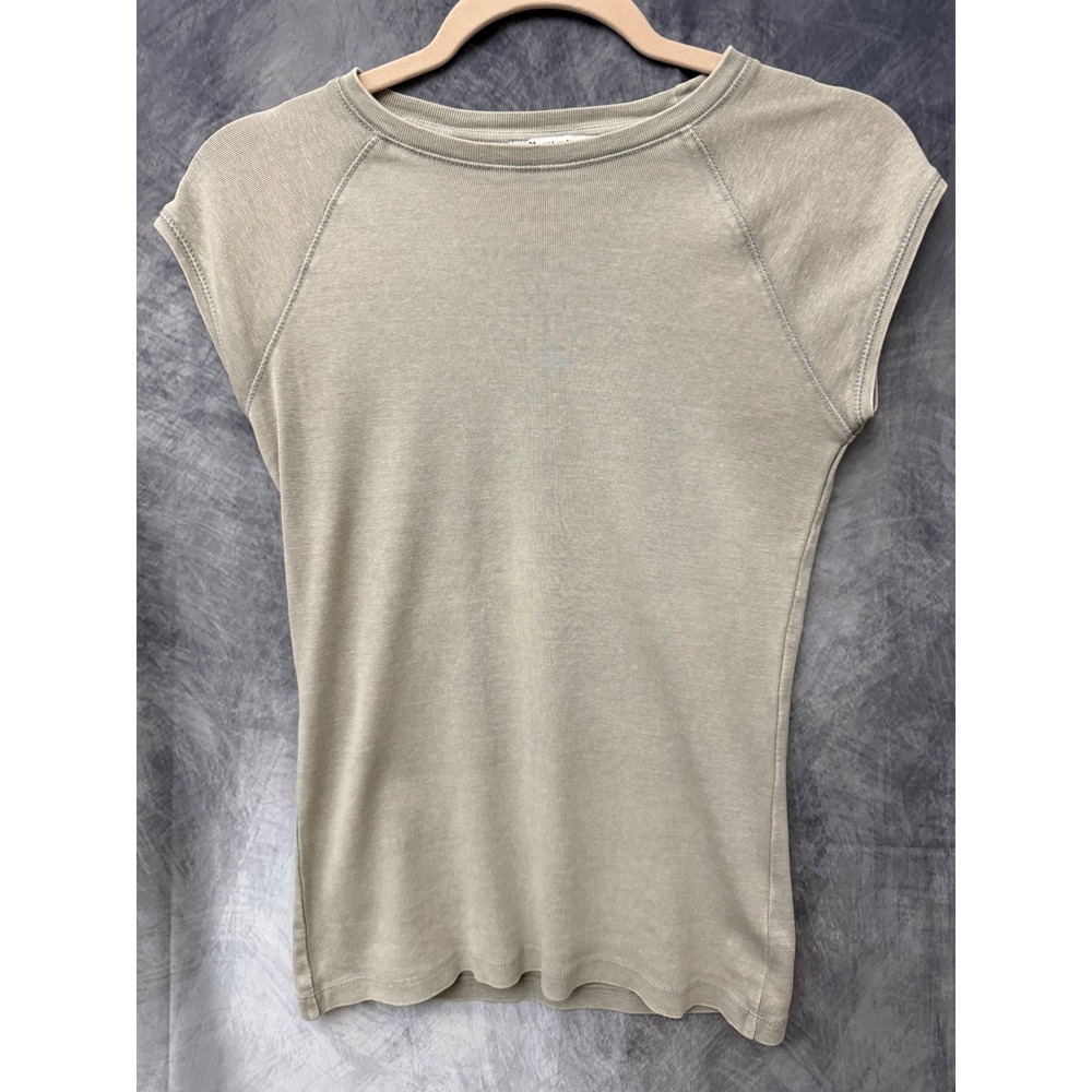 Zara Women Small Sage Green Ribbed Cap Sleeve Raglan Seam Knit T-Shirt Top